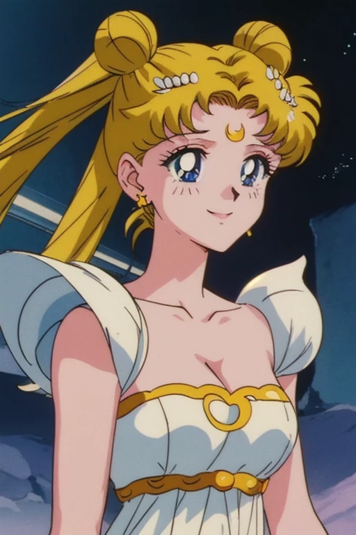 (ultra-detailed), (masterpiece), (best quality), (sharp focus), (cinematic lighting), (vibrant colors),  EPTakeuchiNaokoStyle, 1990s \(style\), anime screencap, retro artstyle, anime coloring, traditional media, 1 girl, solo, princessserenity, blonde hair, hair ornament, forehead mark, earrings, white dress, stars background, smile