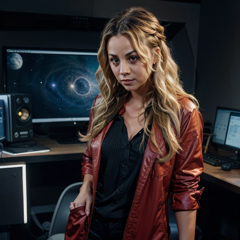 Kaley Cuoco with wavy hair dressed as an astrophysicist