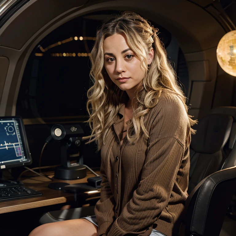 Kaley Cuoco with wavy hair dressed as an astrophysicist