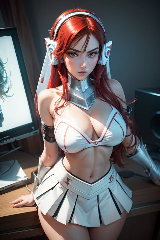 (masterpiece, best illustration, best manga), (extreme detail, ultra fine), solo, 1girl, green eyes, (red hair), (aqueezing breasts together),(shoulder length hair), (gamer headphones), (large tv in the background), (large breasts:1.3), (sexy), (vivid colors),(wearing princess armor), (white skirt), (extreme light and shadow, volumetric lighting), (rim lighting:1.5), (solo), (70s style:.5),(ultra sharp:2), manwha1