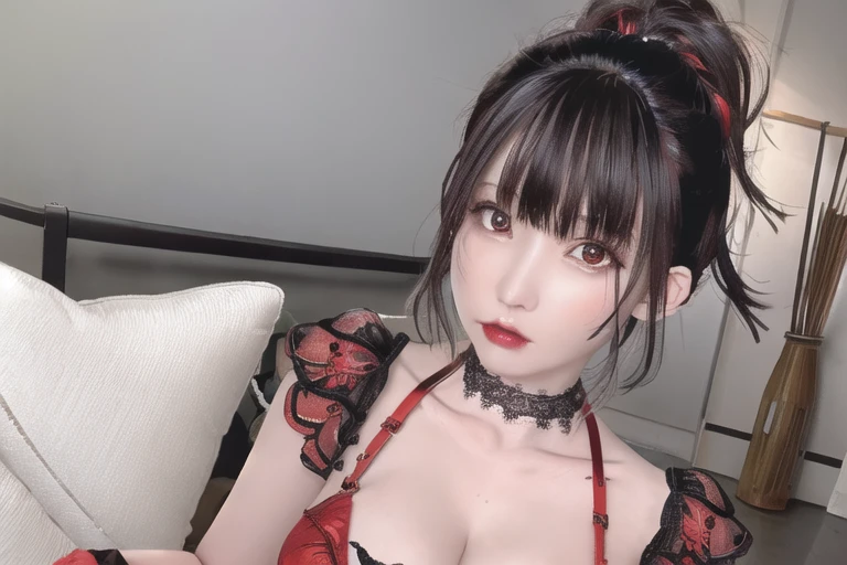 hyper realistic,  raw photography, 8k, masterwork,
1girl, (solo:1.4), goth girlfriend, 
ash grey hair, updo hairstyle, streaks of hair in face, red eyes, mascara, bags under eyes, saggy tits, cleavage, chocker, detailed texture, detailed lace,