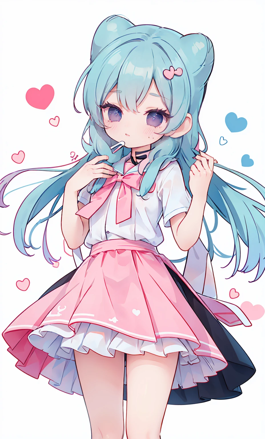 masterpiece, best quality, high resolution, aabeta, double, white simple background, standing, slim waist, cute, sailor uniform, pink bow tie, blue skirt, (PastelColors: 1.3)