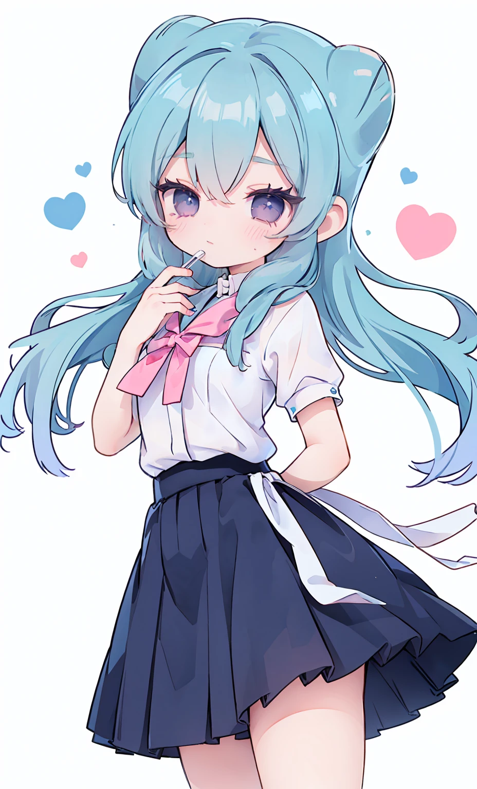 masterpiece, best quality, high resolution, aabeta, double, white simple background, standing, slim waist, cute, sailor uniform, pink bow tie, blue skirt, (PastelColors: 1.3)