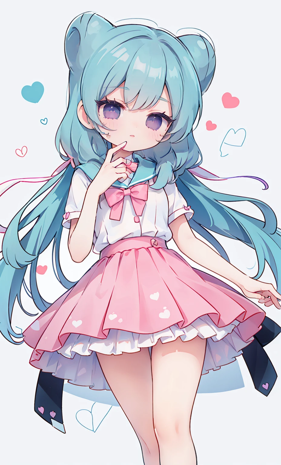 masterpiece, best quality, high resolution, aabeta, double, white simple background, standing, slim waist, cute, sailor uniform, pink bow tie, blue skirt, (PastelColors: 1.3)