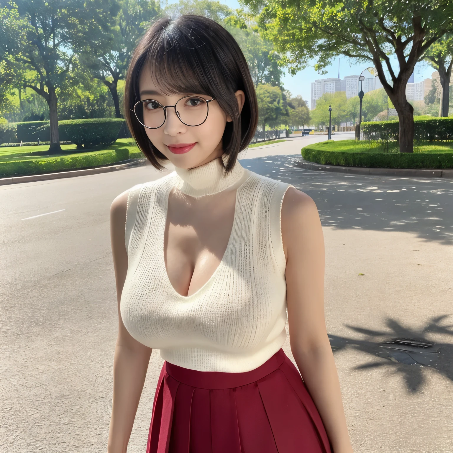 (highest quality、table top、8K、best image quality、Award-winning work)、one beautiful woman、25 years old、(alone:1.1)、perfect beautiful composition、(big and full breasts:1.31)、、(emphasize body line:1.1)、( Random Hair Black Hair:1.1)、(Perfect white turtleneck sleeveless knit sweater:1.2)、、(((Round knit makes cleavage look realistic)))、　(Elegant and perfect glasses:1.2)、(Elegant red melton skirt:1.2)、(full body photo:1.1)、look at me and smile、(Strongly blurred precise city park background:1.1)、Standing Elegantly、droopy eyes、natural makeup、Ultra-high definition beauty face、Ultra HD Hair、Ultra-high definition sparkling eyes、Super high resolution glossy lips、accurate anatomy、(very bright and vivid:1.2)