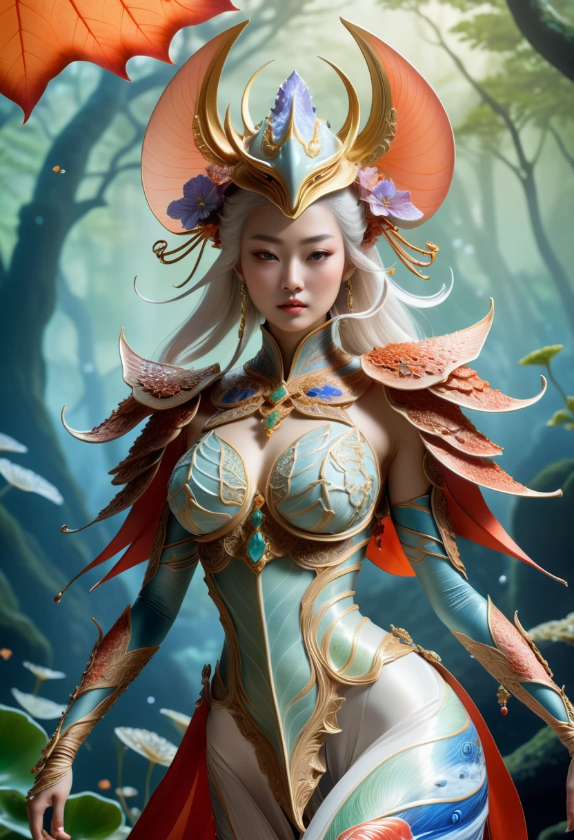 (best quality,4k,8k,highres,masterpiece:1.2),ultra-detailed,(realistic,photorealistic,photo-realistic:1.37), HDR,UHD,studio lighting,ultra-fine painting,sharp focus,physically-based rendering,extreme detail,art nouveau,tarot card style, onmyoji detailed art, 1female alien, cyborg samurai, (dynamic pose:1.6),wide angle, Dynamic angle and composition, from sengoku period, futuristic alien, (wearing an biological exoskeleton made of marble:1.6), (Holding a large sword), (fractal designs), clothed in old samurai uniform, wearing kimono armor, (wearing a fish-shaped glass helmet:1.37), highly detailed exoskeleton, (her exoskeleton have organic details adorned with beautiful gems:1.37), futuristic alien,(wearing a translucent cloth cape in the shape of a leaf:1.4), Translucent petal-like cloth hangs from her waist, horror, (sci-fi), (concept art inspired by moebius), (Incredibly beautiful nature background with fungi:1.6), dreamy lighting, vibrant colors,earthen and pale red hues,Yoshitaka Amano style, intricate details, (surreal landscape), otherworldly creatures, mesmerizing pattern, intricate helmet design, dreamlike atmosphere, (mythical creatures), surrealistic composition, organic shapes, full body wuxia, trending on cgsociety