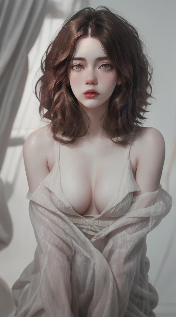 movie lighting、perfect、soft light、high resolution skin:1.2、Realistic skin texture、、30 years old adult、No makeup、Detailed beautiful eyes、short hair、Dark brown hair、Bust E cups、huge breasts、、cool pose、gray background、whole body,long legs,stand