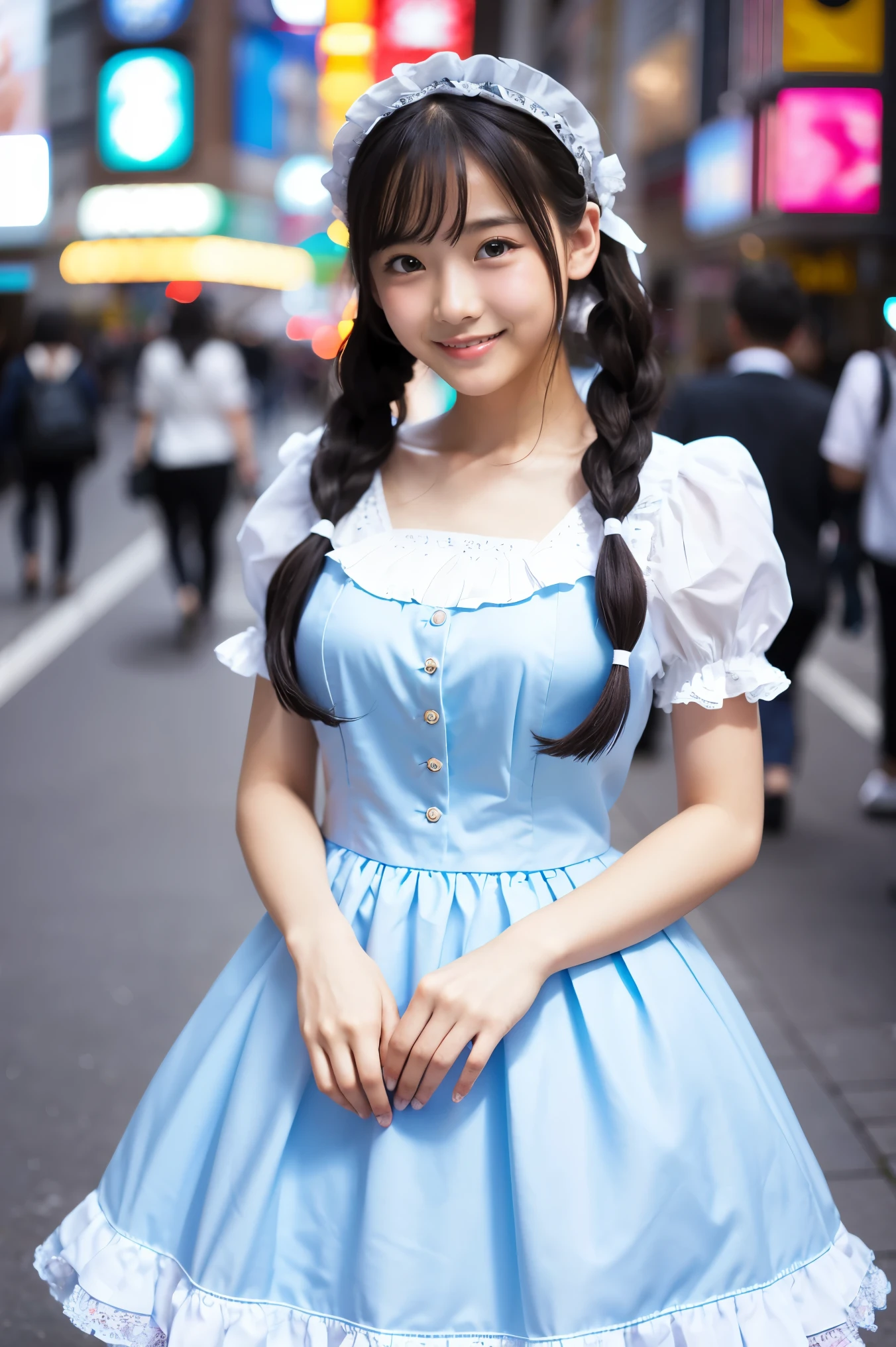 (highest quality、masterpiece、8K、best image quality、hyper realism、Award-winning work)、1 maid、(alone:1.1)、(1 photo:1.1)、(Cute girly frilly lolita maid dress:1.2)、(Light pink and light blue pastel color maid dress:1.2)、(A very intricate and cutely decorated Lolita maid dress:1.2)、Maid dress with ribbons and frills、(Perfect twin tail hair:1.2)、(low length:1.1)、(height: 140cm:1.1)、big breasts、emphasize body line、slender body、Standing Elegantly、(Akihabara cityscape blurred background:1.1)、(The background is the blurred city of Akihabara:1.1)、blurred background、Standing Elegantly女性の全身写真、accurate anatomy、perfect makeup、long eyelashes、glossy lips、Ultra high definition glossy skin、(Ultra-high definition bright and beautiful skin:1.1)、超高精細のglossy lips、Super high definition beautiful teeth