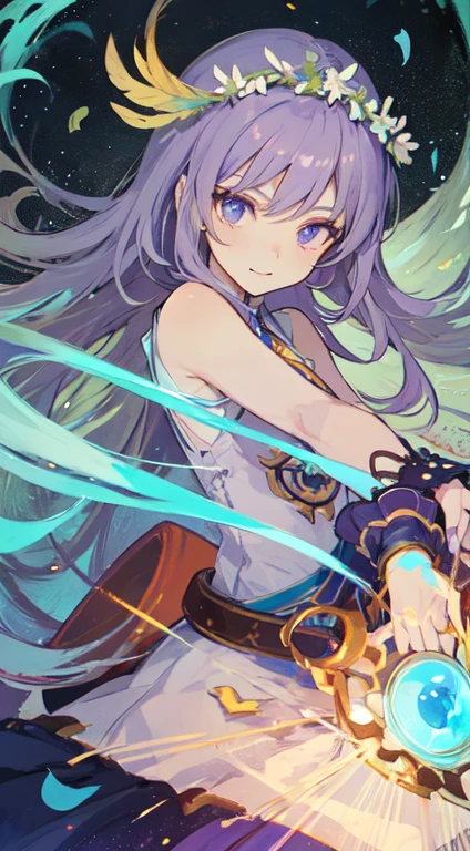 35 year old female ,Light blue purple long hair, 紫色gem色眼睛, Thin, Big , queen, Feather laurel wreath, magic circle, Western style light clothing, Make it like tarot anime style but without the frame, sharp eyes , glow particles, gem,  Blade Petals, light blue purple energy, light blue purple particles