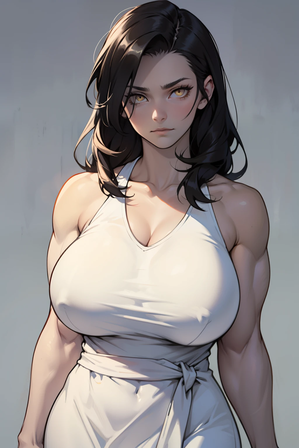 a muscular woman with massive breasts pale skin black hair and yellow eyes wearing a dress expressionless