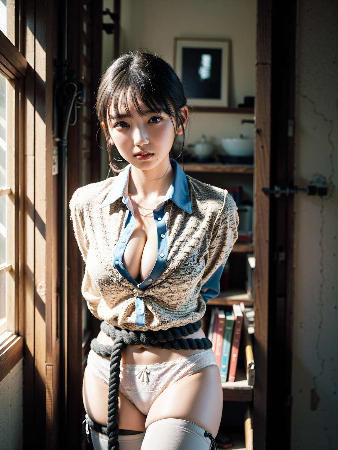 (41k4:1.15), (aika-sawaguchi:0.65), masterpiece, Best Quality, 8K, Raw photo, (wearing a white unbuttoned collared shirt:1.7), (open shirt:1.6), top-notch quality, masterpiece, (wearing white lace :1.6), (BDSM:1.(rope bondage:1.5d up with rope:arms behind back:1.3), (wearing white thigh high socks:1.4), solo, (1 pretty Japanese girl), exceptionally detailed RAW color photo, professional-grade photograph, (Realistic, Photorealistic:1.37), (highly detailed skin:1.2), Ultra-high resolution, (lens 50mm), (masterpiece, top-quality:1.3), (hyper realistic:1.35), (Photorealistic:1.45), (Realistic:1.4), (looking at viewer:1.4), (facing viewer:1.4), 1 beautiful girl, 18 years old, Japanese idol, supermodel, pale skin, (slim:1.3), (slim body:1.25), (slender body:1.25), (narrow waist:1.25), pretty face, (large breasts:1.15), (deep cleagravure idol
