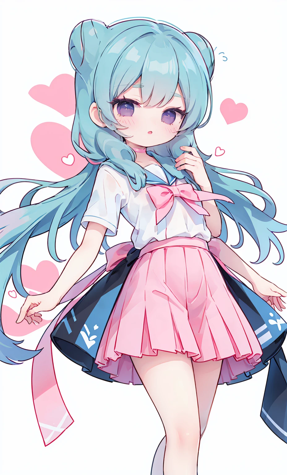 masterpiece, best quality, high resolution, aabeta, double, white simple background, standing, slim waist, cute, sailor uniform, pink bow tie, blue skirt, (PastelColors: 1.3)