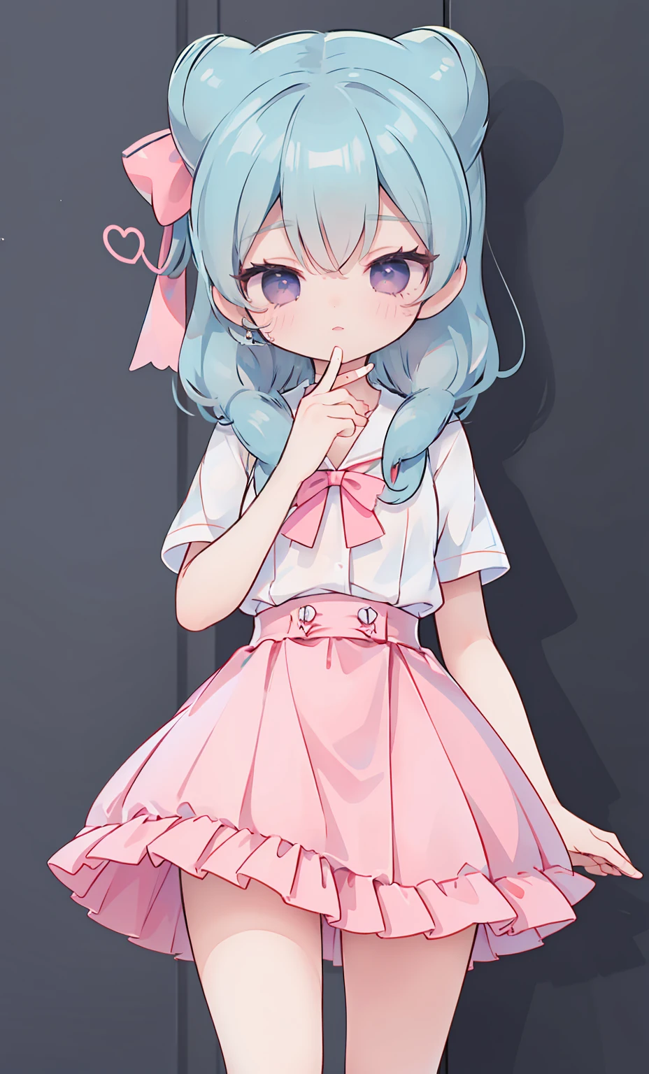 masterpiece, best quality, high resolution, aabeta, double, white simple background, standing, slim waist, cute, sailor uniform, pink bow tie, blue skirt, (PastelColors: 1.3)