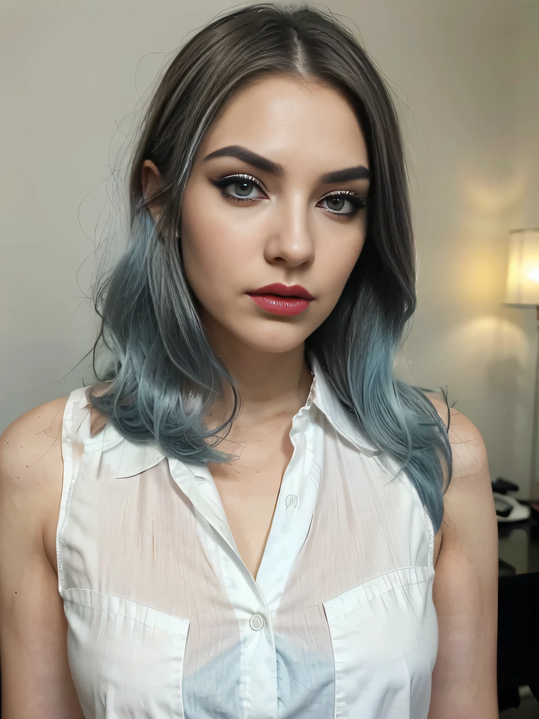 large photo, fullbody picture, stunning, gorgeous, european face traits, sensual lips, front view, deep black eye liner makeup, marked jawline, perfect anatomy, bushy eyebrows, wide eyebrows, square jaw, deep look, very black eye shadows makeup, makeup, black makeup, red lips, very bushy eyebrows, light blue eyes, long eyelashes, half blonde hair, half light blue hair, white shirt