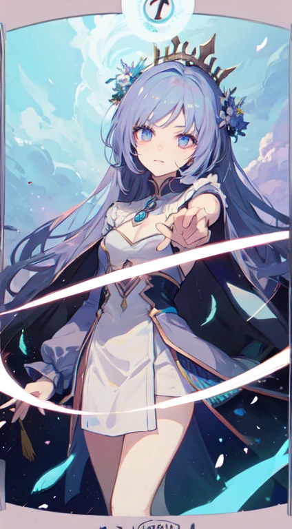 35 year old female ,Light blue purple long hair, Purple gem eyes, Thin, Big , queen, Feather laurel wreath, magic circle, Western style light clothing, Make it like tarot anime style but without the frame, sharp eyes , glow particles, gem, Blade Petals, light blue purple energy, light blue purple particles