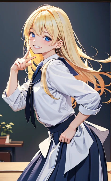 (realistic:1.4、masterpiece、top-quality、8k size wallpaper、offcial art)、(portrait,cowboy shot:1.6)、(1girl),(grin,Open mouth:1.3),(half closed eyes),cute face,blue eyes、()、beautiful fingers:1.3,
,(stand,leaning forward:1.5),(Shining smile),(precise fingers:1.5),
,(slender),(school uniform),(long fluorescence blonde hair1.3), (small breasts)、
、fluorescence、classroom,JK、