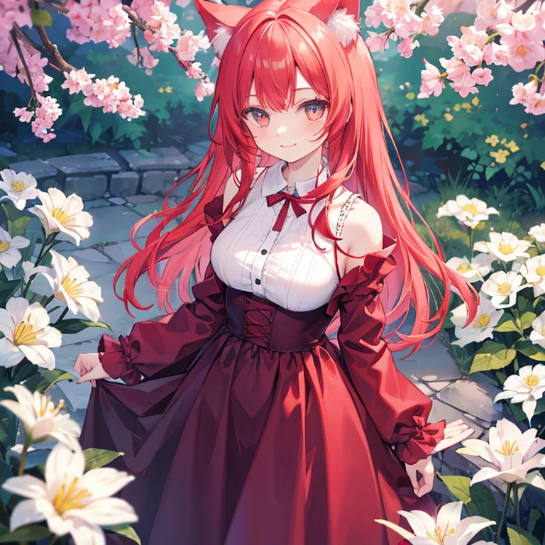 slender Cat ear beautiful girl smile The background is pale flowers red hair neat clothes