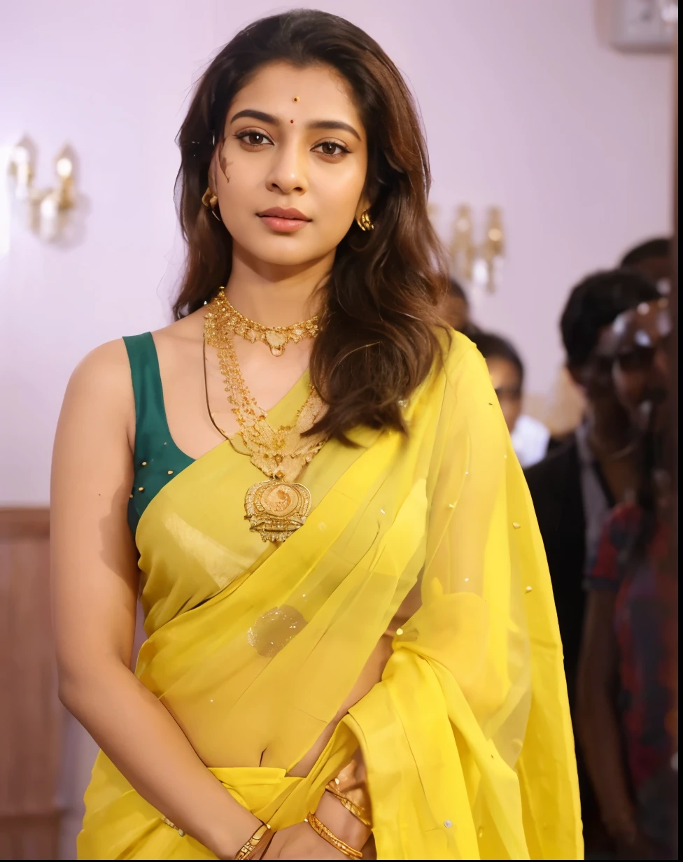 anusha in a yellow sari and gold necklace, actress, wearing gold jewellery, peredvishniki, very attractive and beautiful, with lovely look, with small studded earings, thought provoking, inspired by T. K. Padmini, she has a distant expression, traditional beauty, with cute - fine - face, wearing elegant jewellery