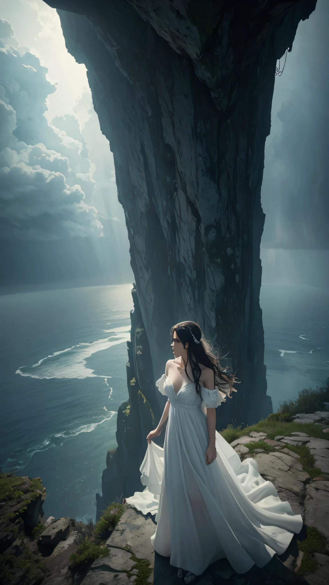 wearing a long white dress at the top of a cliff ready to jump below an overlooking wide ocean, brewing storm in the horizon, wet and dense, dark atmosphere, mystery, creepy, surreal, dream, intricate design and details, dramatic lighting, photorealistic, cinematic blur, cinematic noise 8k —ar 9:16 —V 5, (Masterpiece:1.3), (best quality:1.3),