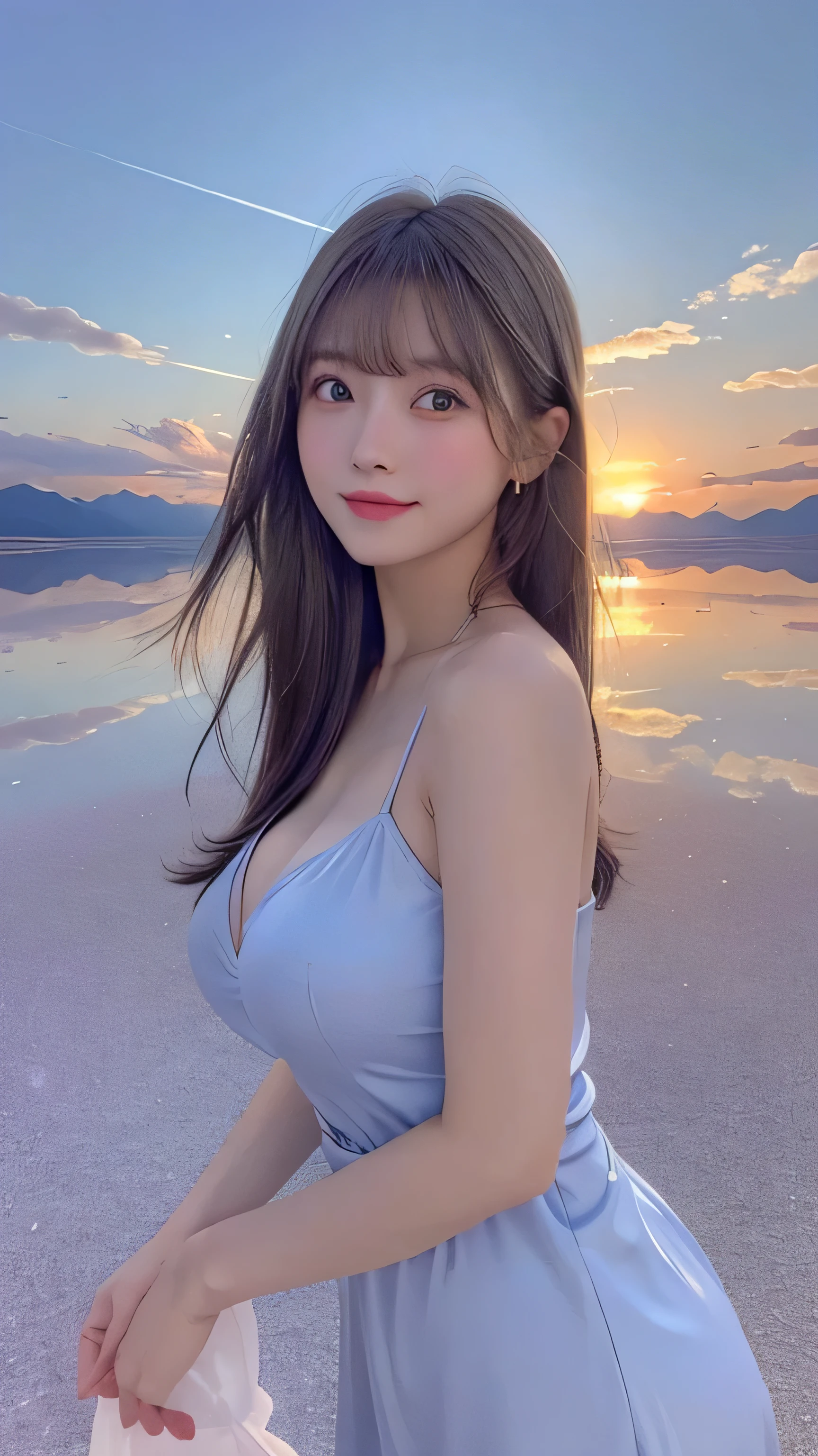 1 girl, masterpiece, very detailed, (beautiful delicate shine), Lens flare, gray hair, medium long hair, floating hair, think return, return, return, smile, blue eyes, white dress, big breasts, Upper body, wide shot, , ((Uyuni salt lake)), sunrise, cloud, returnlight, purple sky, yellow sky, gradient sky, ,huge breasts,looking at the viewer