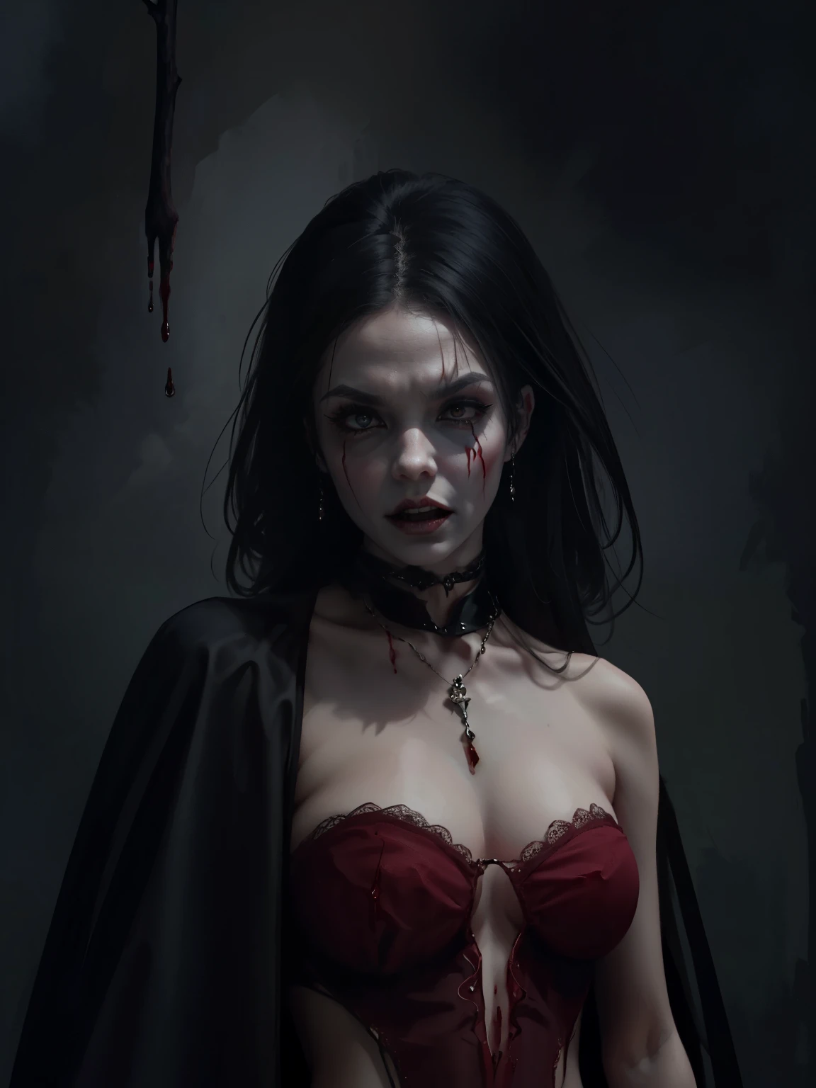 Gothic woman with blood dripping from her mouth, beautiful vampire queen, Vampire girl, gothic horror vibes, Beautiful female vampire queen, The art in the style of Guvez, dark fantasy mixed with realism, androgynous vampire, Gothic shoujo anime girl, Gothic aesthetics, a woman vampire, gothic art style, Vampire fashion, [4K digital art]!，Stick out your tongue，Dripping blood ((very small breasts )),weak unhealthy ,(((very thin))) perform evil rituals ((Screaming,))
