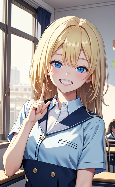 (realistic:1.4、masterpiece、top-quality、8k size wallpaper、offcial art)、(portrait,upper body:1.6)、(1girl),(grin,Open mouth:1.3),(half closed eyes),cute face,blue eyes、(stretch out your index finger:1.5)、beautiful fingers:1.3,
,(stand,leaning forward),(Shining smile),(precise fingers:1.5),
,(slender),(school uniform),(long fluorescence blonde hair1.3), (small breasts)、
、fluorescence、classroom,JK、