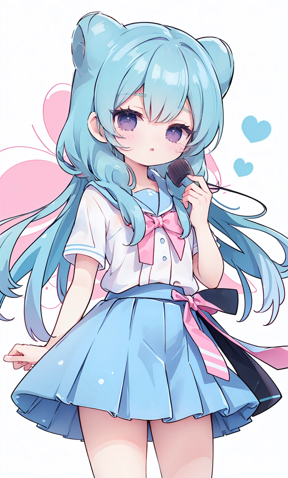 masterpiece, best quality, high resolution, aabeta, double, white simple background, standing, slim waist, cute, sailor uniform, pink bow tie, blue skirt, (PastelColors: 1.3)