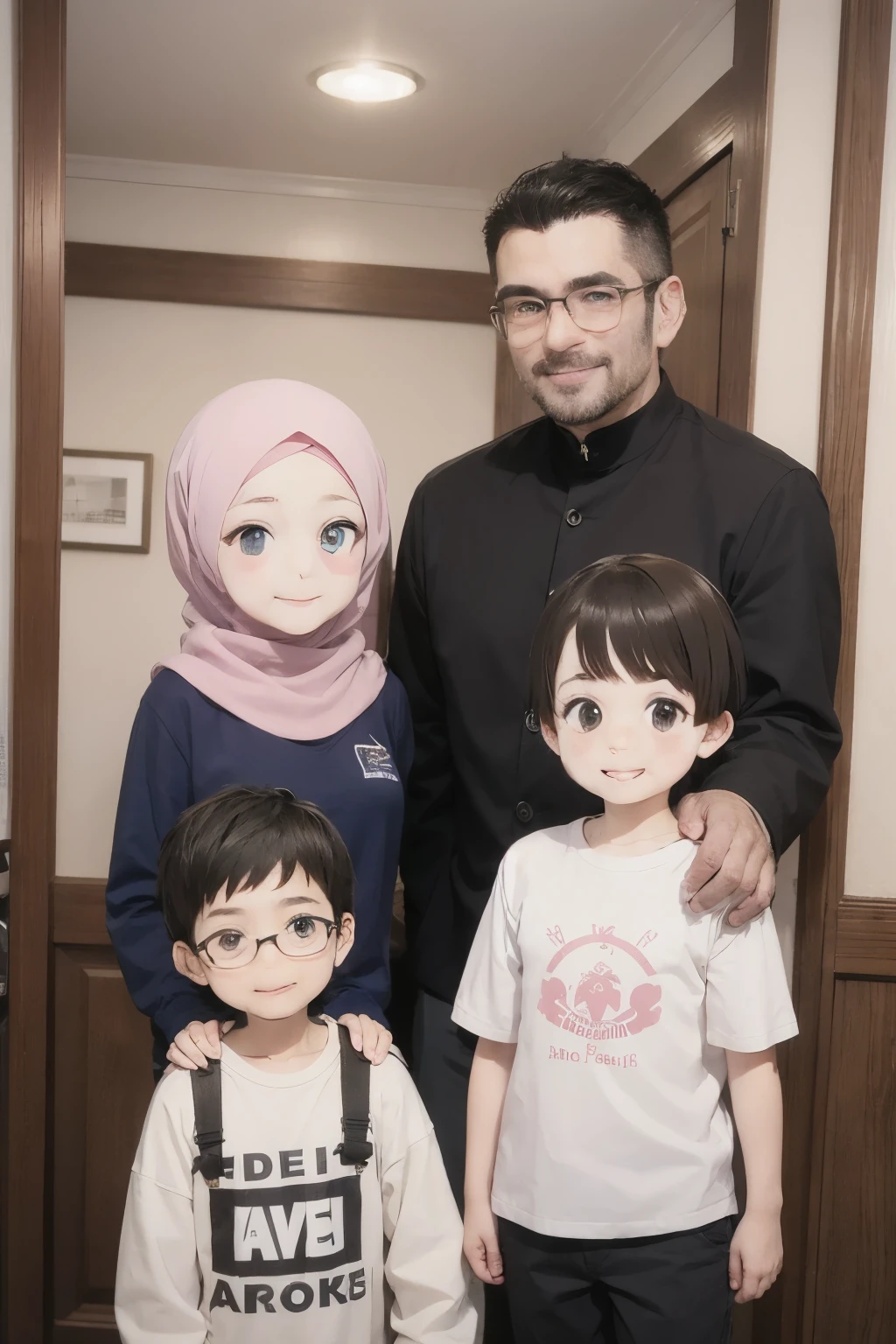 family studio photo of a smiling father wearing a cap, mother wearing neat clothes and a hijab, 7 year old boy wearing neat clothes smiling, 12 year old boy wearing neat clothes smiling