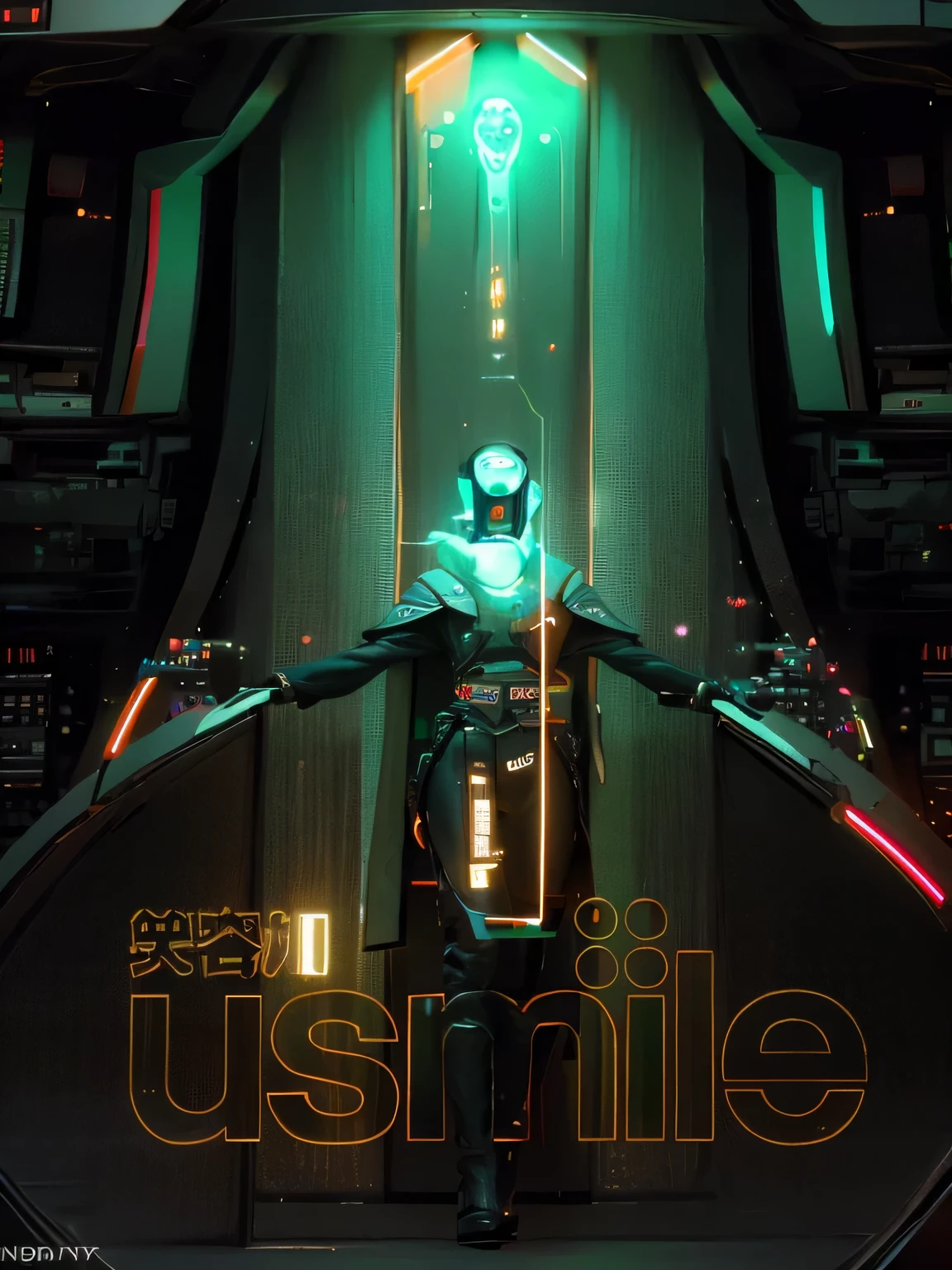 ((best qualtiy)), ((tmasterpiece)), (The is very detailed:1.3), 3D,full-body portraits,RFKTR_technotrex,Beautiful cyberpunk woman,Lovely smile,Gentle eyes,(Wearing a head-mounted display,Thick and high-tech neon signs:1.2),Wear a cape,Computer hacking,Computer terminal,The soft glow of neon,Microelectronics,computer servers,LCD screens,Fiber optic cable,Company logo,vivd colour,hdr(HighDynamicRange),Ray traching,NVIDIA RTX,Hyper-Resolution,Unreal 5,sub surface scattering,PBR textures,post-proces,Anisotropy Filtering,depth of fieldaximum clarity and sharpnesany-Layer Textures,Albedo e mapas Speculares,Surface coloring,Accurate simulation of light-material interactions,perfectly proportions,rendering by octane,twotonelighting,Low ISO,White balance,trichotomy,Wide aperture,8K raw data,High-Efficiency Sub-Pixel,sub-pixel convolution,Luminous Particle,Light scattering,Tyndall effect,Interstellar,space ship