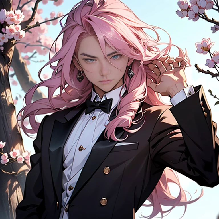 Chinese Male Anime Style Illustration: A handsome guy with long pink hair flows gently in the middle wind. He dons a cool tuxedo, adding an allure to his already charming appearance. Holding a black rose, he leans confidently towards the camera, his eyes radiating an enigmatic expression. Surrounded by the beauty of cherry blossoms, this youngest and cute male character exudes a very mysterious aura.

This image boasts the highest quality with an ultra high resolution output. In 8K quality and image mode Ultra HD, every detail is meticulously captured using a Nikon camera. The whole body of the male character is beautifully rendered from the front, and