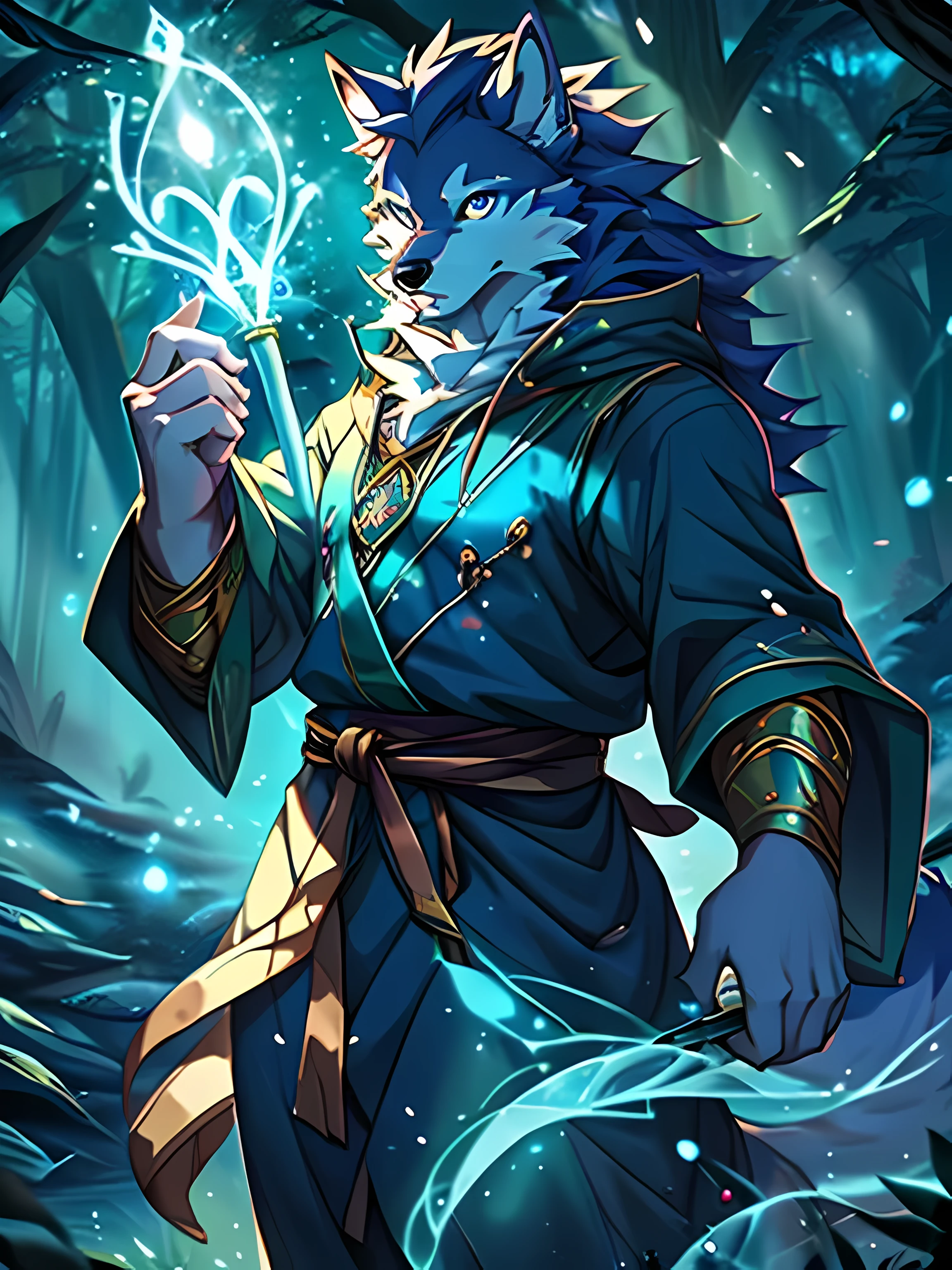 a furry wolf in an anime style, standing solo as a mage or wizard, with a majestic magic aura and detailed magical effects. The wolf has striking and vibrant fur, with intricate patterns and flowing mane. The mage or wizard is dressed in robes adorned with mystical symbols and carries a staff or wand. The scene is set in a mystical forest with softly glowing trees and magical elements. The color palette is rich and vibrant, with deep hues of blues and purples, complemented by glowing golden accents. The lighting is atmospheric, casting soft rays of light through the trees, creating an ethereal and otherworldly atmosphere. The artwork is of the highest quality, with ultra-detailed and realistic rendering, capturing every strand of fur and intricate details of the magic effects. The overall image is enchanting and captivating, evoking a sense of wonder and magic. [anime, furry, wolf, solo, mage, wizard, magic aura, magic, majestic, detailed fur, flowing mane, mystical forest, vibrant colors, glowing trees, golden accents, atmospheric lighting, high quality, ultra-detailed, realistic]