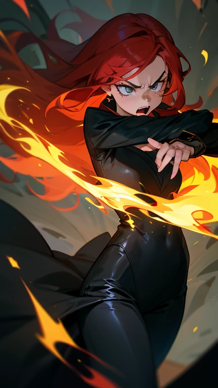 girl, long hair, ginger hair, dark, anger, flaming locks, ariel, black outfit