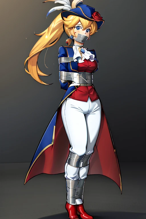 ((masterpiece,best quality)), absurdres, Swordfighter_Peach, solo, 1girl, hat, blonde hair, blue eyes, jewelry, earrings, long hair, rapier, hat feather, pants, ascot, red rose, hat flower, ponytail, white pants, white gloves, boots, blue jacket, long sleeves, smiling, looking at viewer, full body shot,  cinematic composition, (tape gag), (tape bondage), (arms behind the back)