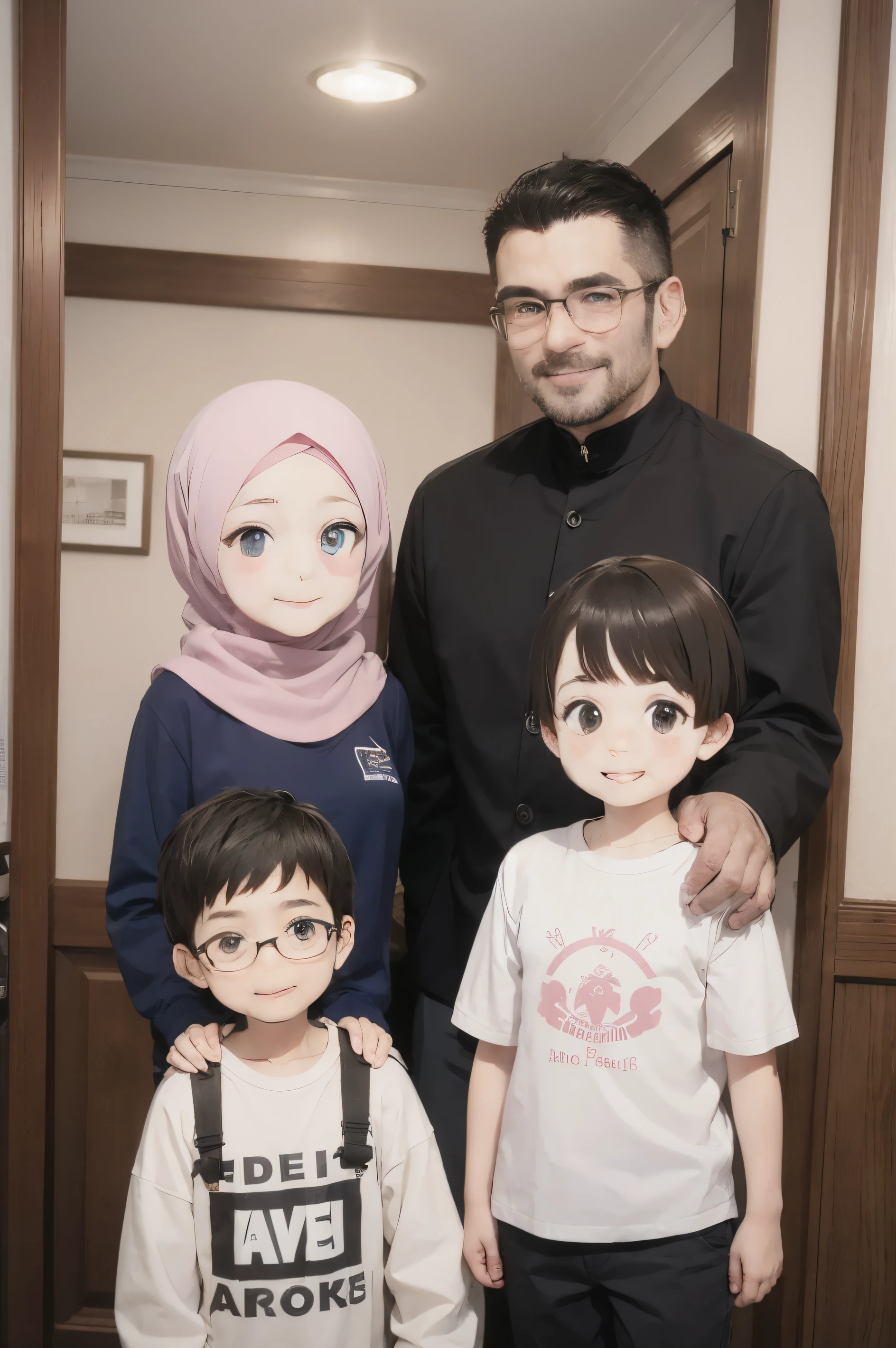 family studio photo of a smiling father wearing a cap, mother wearing neat clothes and a hijab, 7 year old boy wearing neat clothes smiling, 12 year old boy wearing neat clothes smiling