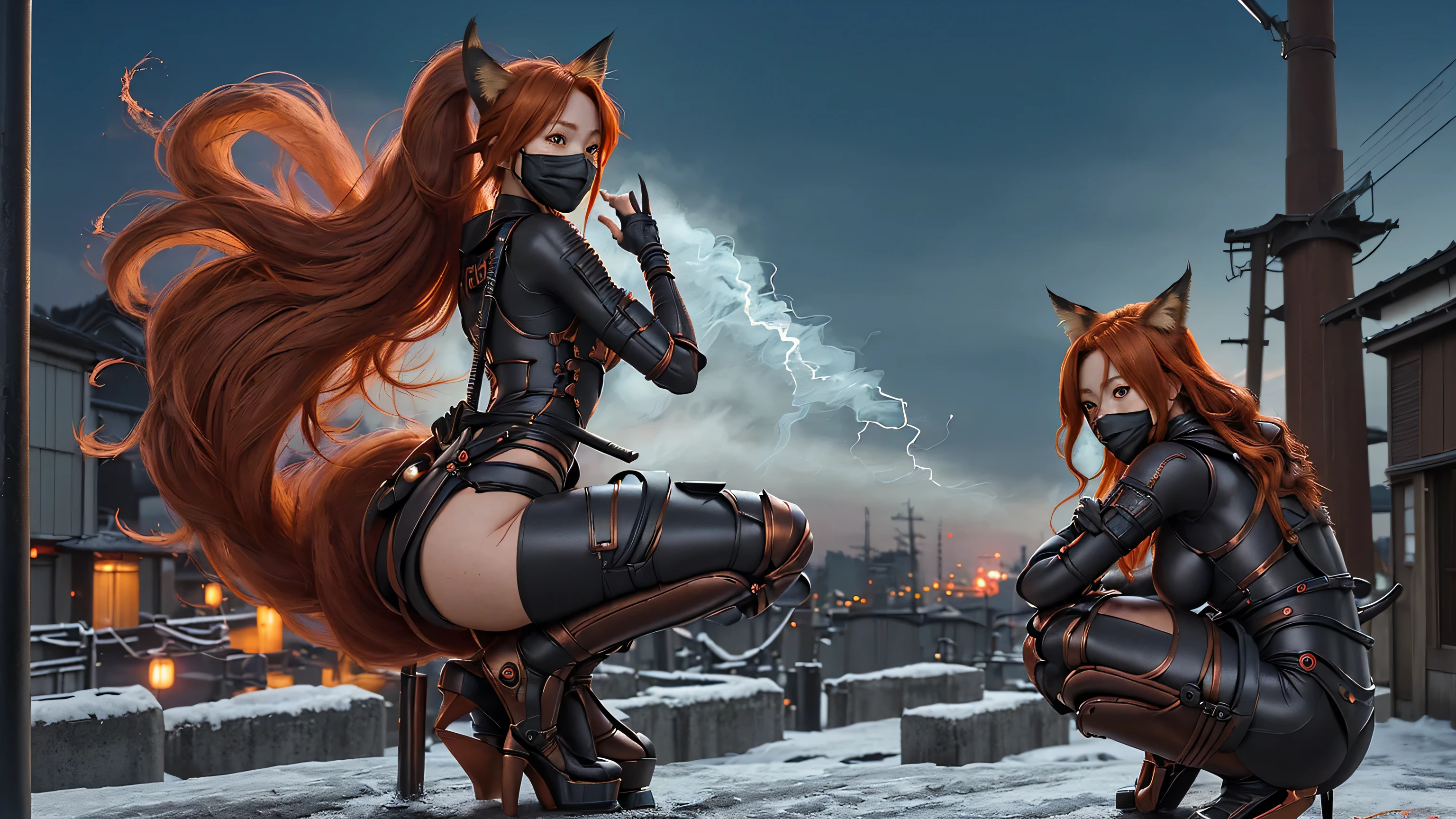 long shot realistic midnight of japan city. a full body Fox devil's nine tails women copper hair wearing mask and future ninja suit. Show back side squatting on top of the electric pole. Pose shh gesture. Smoke and ice effect 