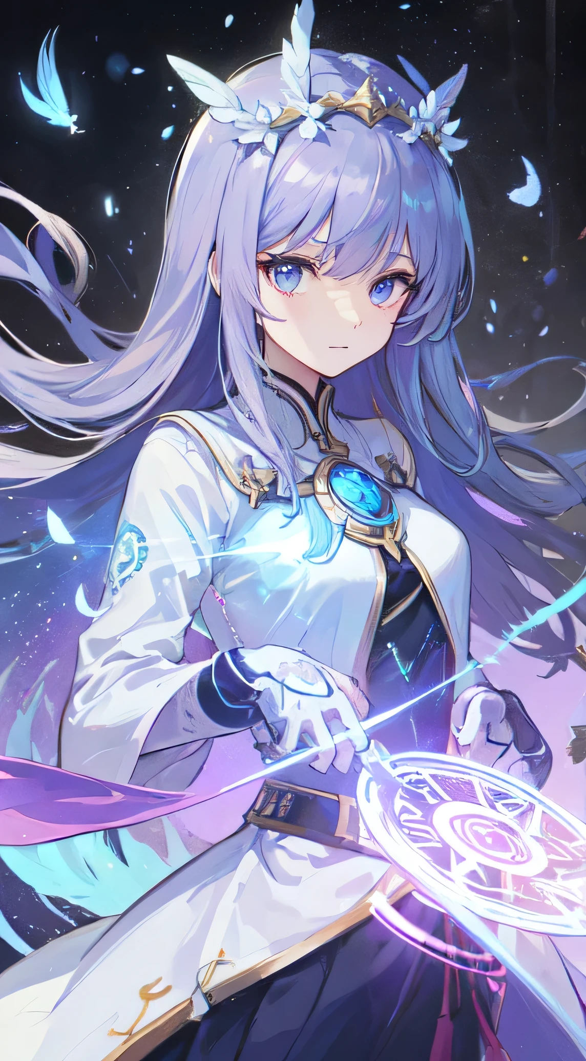 35 year old female ,Light blue purple long hair, Purple gem eyes, Thin, Big , queen, Feather laurel wreath, magic circle, Western style light clothing, Make it like tarot anime style but without the frame, sharp eyes , glow particles, gem, Blade Petals, light blue purple energy, light blue purple particles