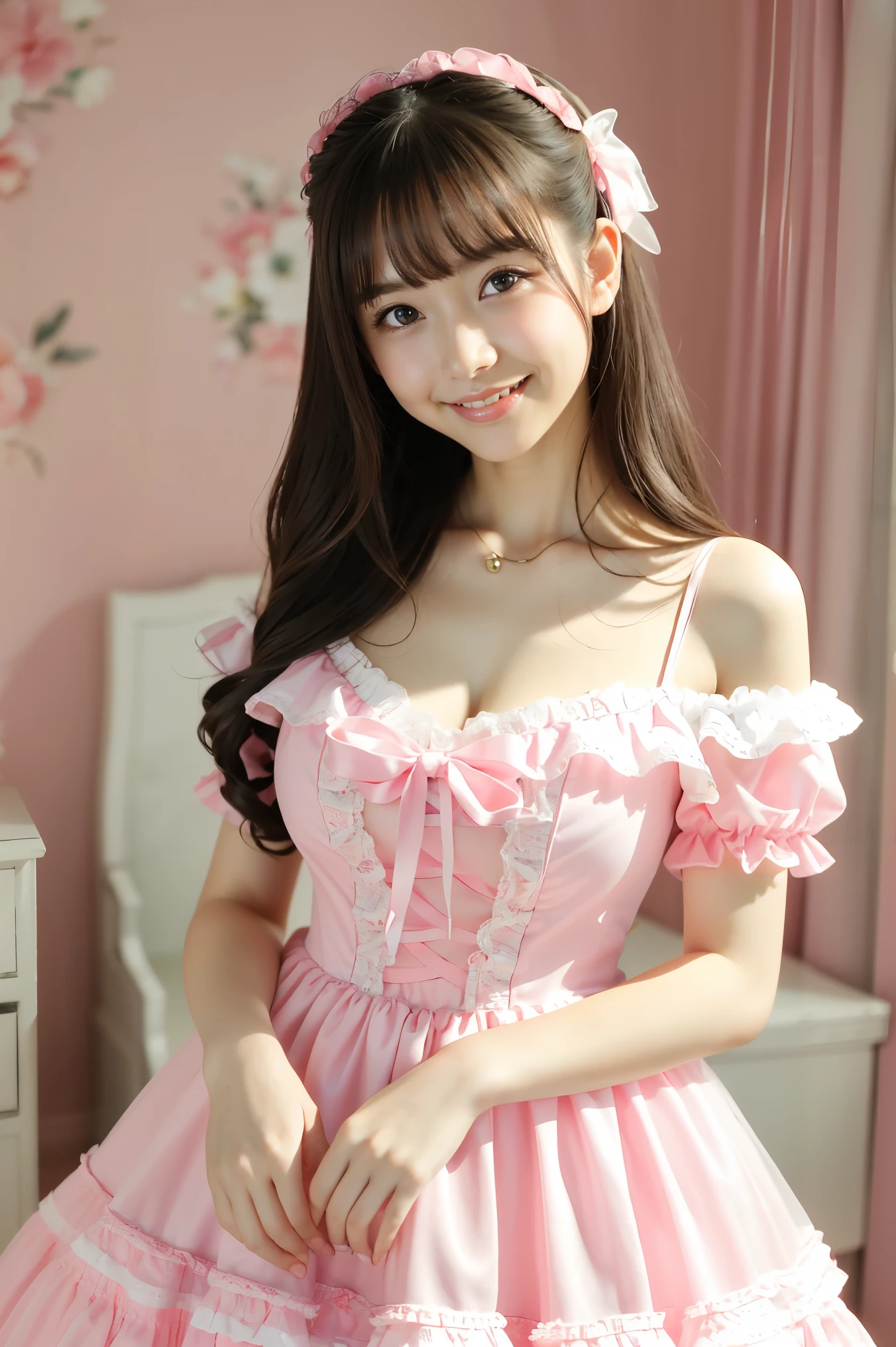 (highest quality、masterpiece、8K、best image quality、hyper realism、Award-winning work)、One Lolita girl、(alone:1.1)、(1 photo:1.1)、(Girly and cute light pink frilly sheer lolita dress:1.2)、(Cute girly big ribbon:1.1)、(Cute and luxurious hair accessories:1.1)、Girly lace decoration、Cute girl frills、(Cute girly lolita wavy hair:1.1)、(low length:1.1)、(height: 140cm:1.1)、(big breasts:1.1)、(Soft cleavage:1.1)、Cute heart decoration、Lots of cute frills、big cute ribbon、emphasize body line、slender body、Standing Elegantly、(Pastel colored girly lolita room background:1.1)、(A very bright lolita room background:1.1)、(A very intricately decorated cute Lolita room:1.2)、(A perfectly decorated and extremely elaborate Lolita room:1.2)、(Highly detailed and intricate cute lolita room background:1.1)、(Cute girly curtains in pastel colors:1.1)、(very bright and vivid:1.2)、(Cute girly wall decoration in pastel colors:1.1)、blurred background、Standing Elegantly女性の全身写真、accurate anatomy、perfect makeup、long eyelashes、glossy lips、Ultra high definition glossy skin、(Ultra-high definition bright and beautiful skin:1.2)、超高精細のglossy lips、Super high definition beautiful teeth