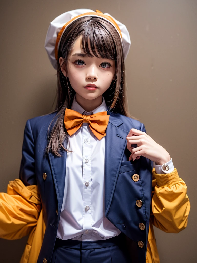 1girl, solo, long hair, breasts, looking at viewer, brown hair, shirt, bow, brown eyes, , jacket, upper body, bowtie, white headwear, blue bow, blazer, blue bowtie, orange jacket