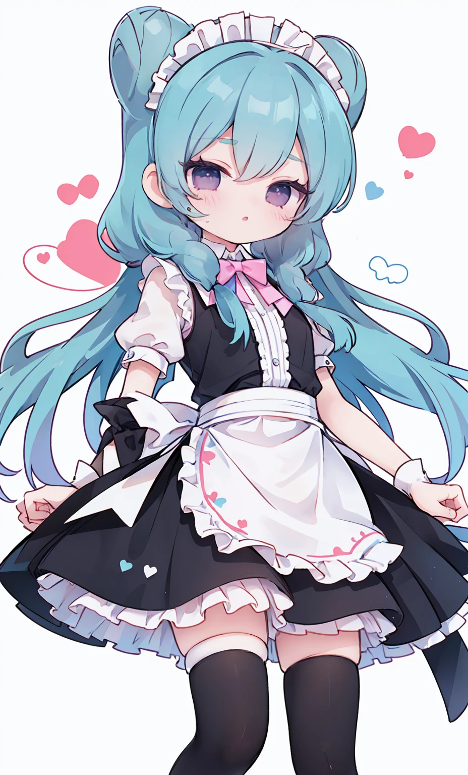 masterpiece, best quality, high resolution, aabeta, double, white simple background, standing, slim waist, cute, maid uniform, pink bow tie, blue skirt, (PastelColors: 1.3)