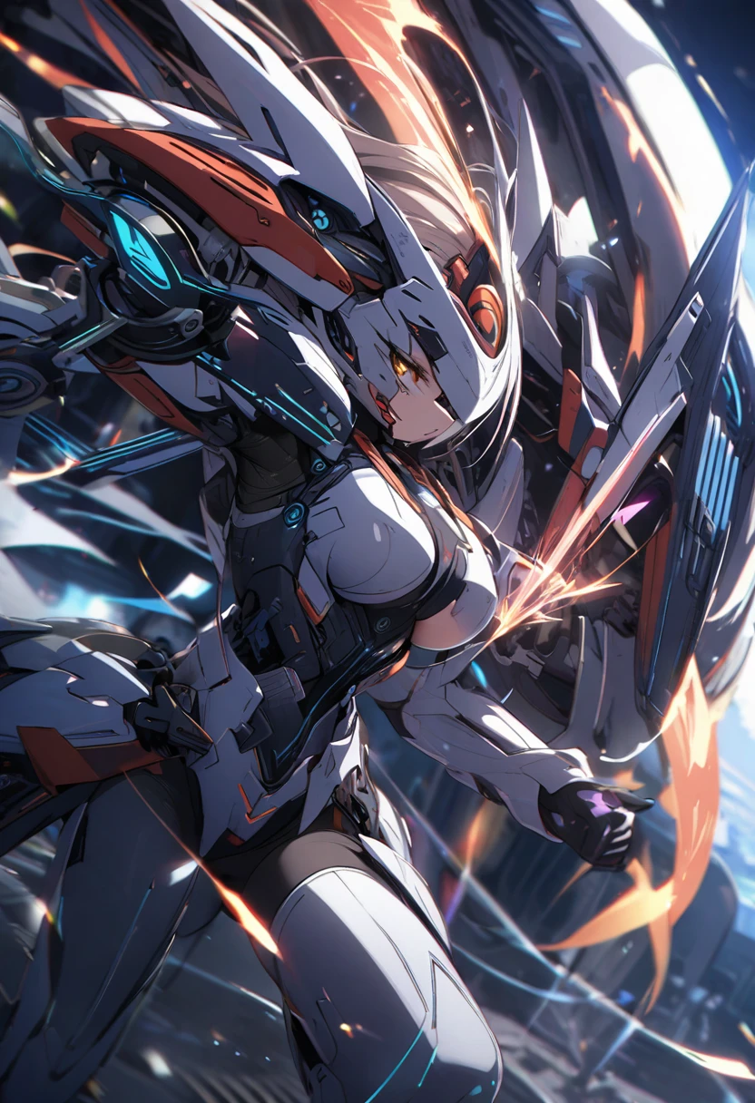 ((masutepiece, Highest Quality)), Detailed face, Beautiful face, (Futuristic and shiny metallic white bodysuit):1.3,full body Esbian, full of details, Highly detailed, Depth, Beautiful girl with Blonde colored hair,Disheveled hair,long Blonde colored hair,morbid,white pupil,legs are very thin,legs are long, Blue eyelashes, masterpiece, 1girl in ((20yr old, Futuristic mecha armor exposes belly button, medium breasts, Naked, Flirting sci-fi battlefield, from behind, Bat Cup, Looking back, hawken, Smile, Open mouth, Long hair, (Blonde colored hair, Deep Blue Eyes:1.2), Sparkling eyes, Cute face, kawaii, Large breasts, Delicate hair, disheveled hair, (((floating))、Blue sky, white clouds), Shiny hair, Shiny skin, (It expanded to the left and right so that it protruded from the screen.、Symmetrical winethallic colored mechanical wing, Headgear), Futuristic and energetic atmosphere), ((during night)) ((Low camera angle, Ground View)) Tall and tall,Thin, 8K, ultla realistic, offcial art,