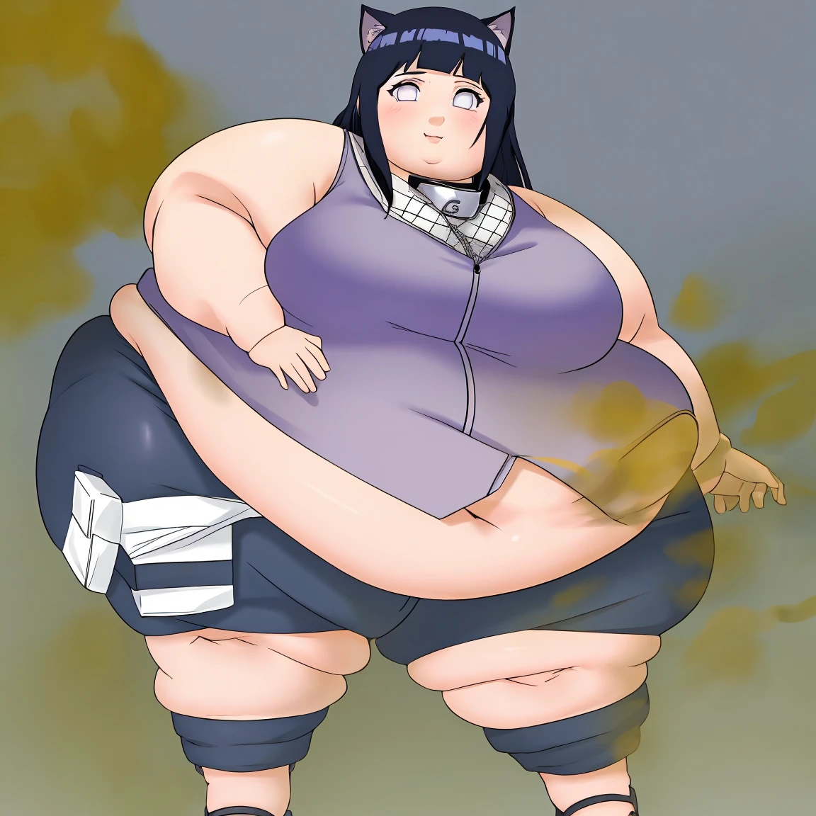 Masterpiece, 4k, highres, high Quality, detailed face, detailed body render, detalhed eyes, obese 1girl, solo, obese hyuuga hinata, hinata-sleeveless-outfit, large breasts, neko ears in head, big breast, sleeveless shirt, fishnet top, no bra, obese belly, thick thighs, fat arms, fat butt, big cheeks, cute and fat face, farting, standing