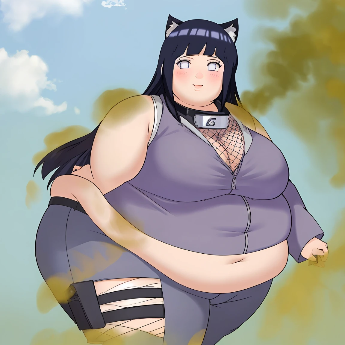 Masterpiece, 4k, highres, high Quality, detailed face, detailed body render, detalhed eyes, obese 1girl, solo, obese hyuuga hinata, hinata-sleeveless-outfit, large breasts, neko ears in head, big breast, sleeveless shirt, fishnet top, no bra, obese belly, thick thighs, fat arms, fat butt, big cheeks, cute and fat face, farting, standing