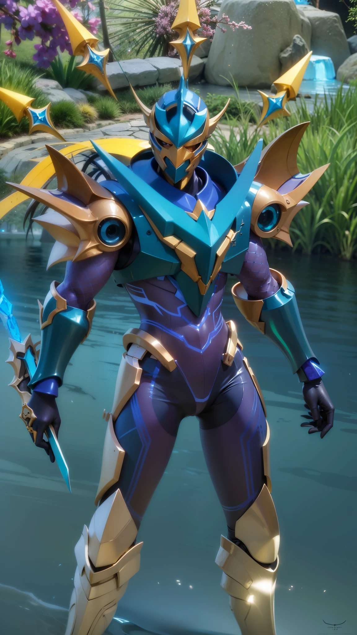 a close up of a person in a costume with a sword, sliver ice color reflected armor, draconic looking armor, energetic varia suit, cyber fight armor, intricate assasin mecha armor, tane skin, epic paladin armor, chrome outfit, water armor, shiny hi tech armor, clothed in ethereal battle armor, scarab reploid, shiny armor, 8k, ultra hd, ultra detailed texture, hyper realistic, masterpiece, detailed texture, detailed face, detailed skin, detailed lighting, (photorealistic:1.5), best quality, beautiful lighting, cinematic lighting, professional lighting, ultra highres, realistic, high quality, (realskin:1.5), extremely detailed, finely detail, ultra-detailed