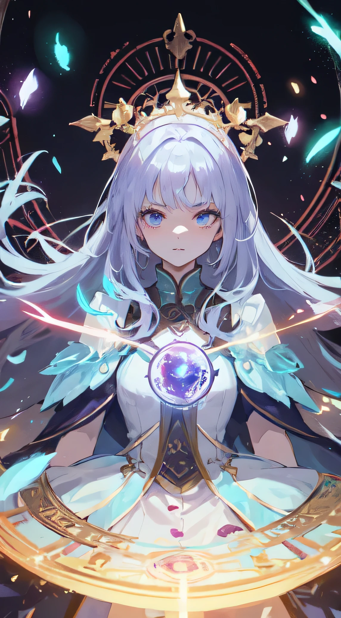 35 year old female ,Light blue purple long hair, Purple gem eyes, Thin, Big , queen, Feather laurel wreath, magic circle, Western style light clothing, Make it like tarot anime style but without the frame, sharp eyes , glow particles, gem, Blade Petals, light blue purple energy, light blue purple particles