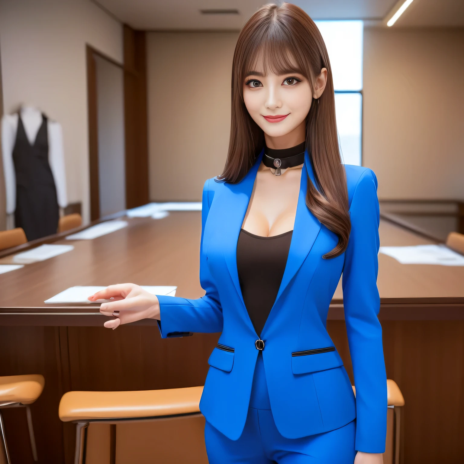 ((highest quality, 8K, Representative works in detail, ultra high resolution)), (looking at the viewer), (cowboy shot), attractive woman, ((big breasts)),  smile, ((black choker)), slim body shape, (Blue colored contacts), long eyelashes, bangs, Beautiful shiny brown hair, Nogizaka Idol, slim face、((business suit、business woman))