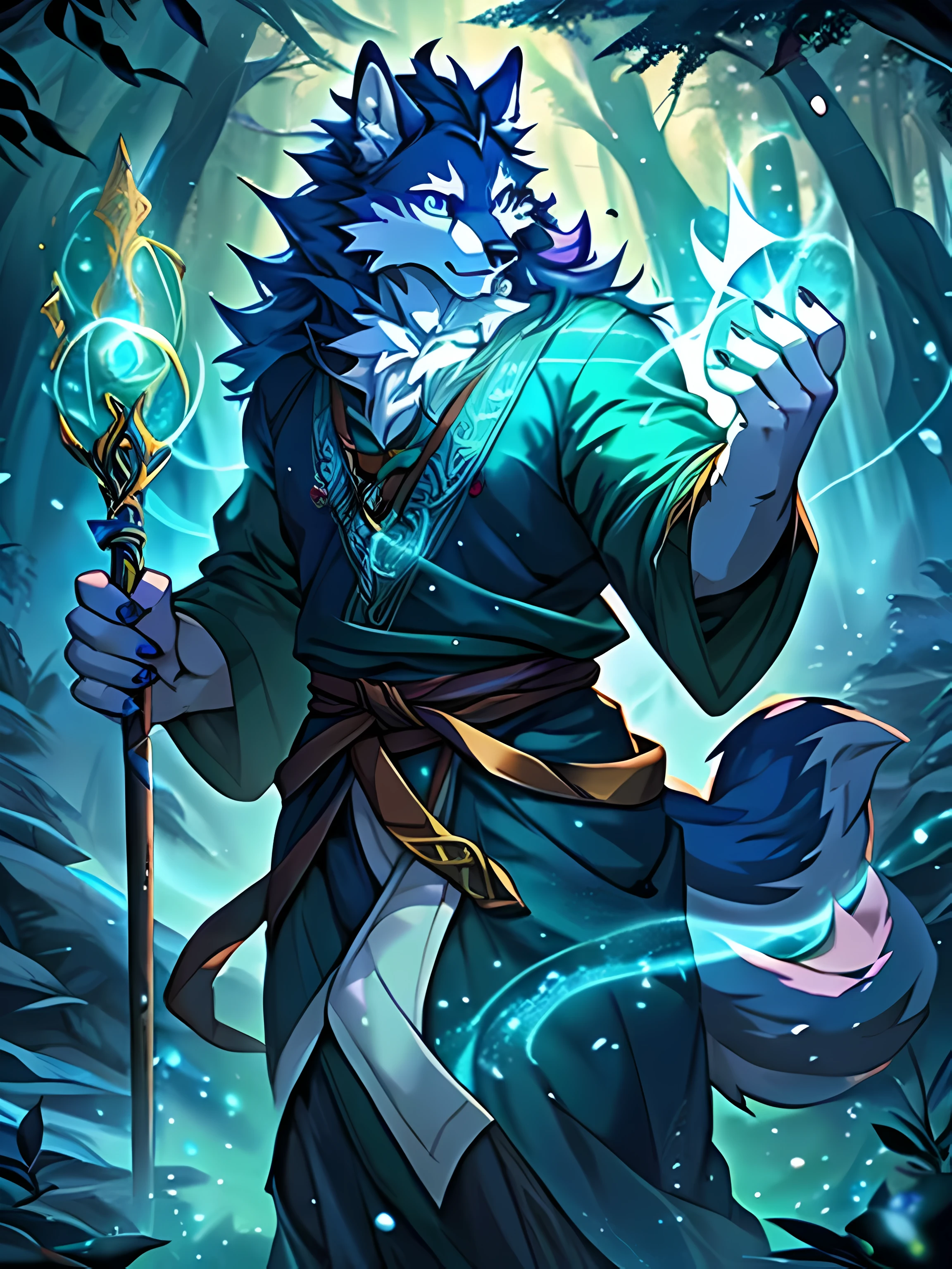 a furry wolf in an anime style, standing solo as a mage or wizard, with a majestic magic aura and detailed magical effects. The wolf has striking and vibrant fur, with intricate patterns and flowing mane. The mage or wizard is dressed in robes adorned with mystical symbols and carries a staff or wand. The scene is set in a mystical forest with softly glowing trees and magical elements. The color palette is rich and vibrant, with deep hues of blues and purples, complemented by glowing golden accents. The lighting is atmospheric, casting soft rays of light through the trees, creating an ethereal and otherworldly atmosphere. The artwork is of the highest quality, with ultra-detailed and realistic rendering, capturing every strand of fur and intricate details of the magic effects. The overall image is enchanting and captivating, evoking a sense of wonder and magic. [anime, furry, wolf, solo, mage, wizard, magic aura, magic, majestic, detailed fur, flowing mane, mystical forest, vibrant colors, glowing trees, golden accents, atmospheric lighting, high quality, ultra-detailed, realistic], perfect HD, 4k HD, no blur