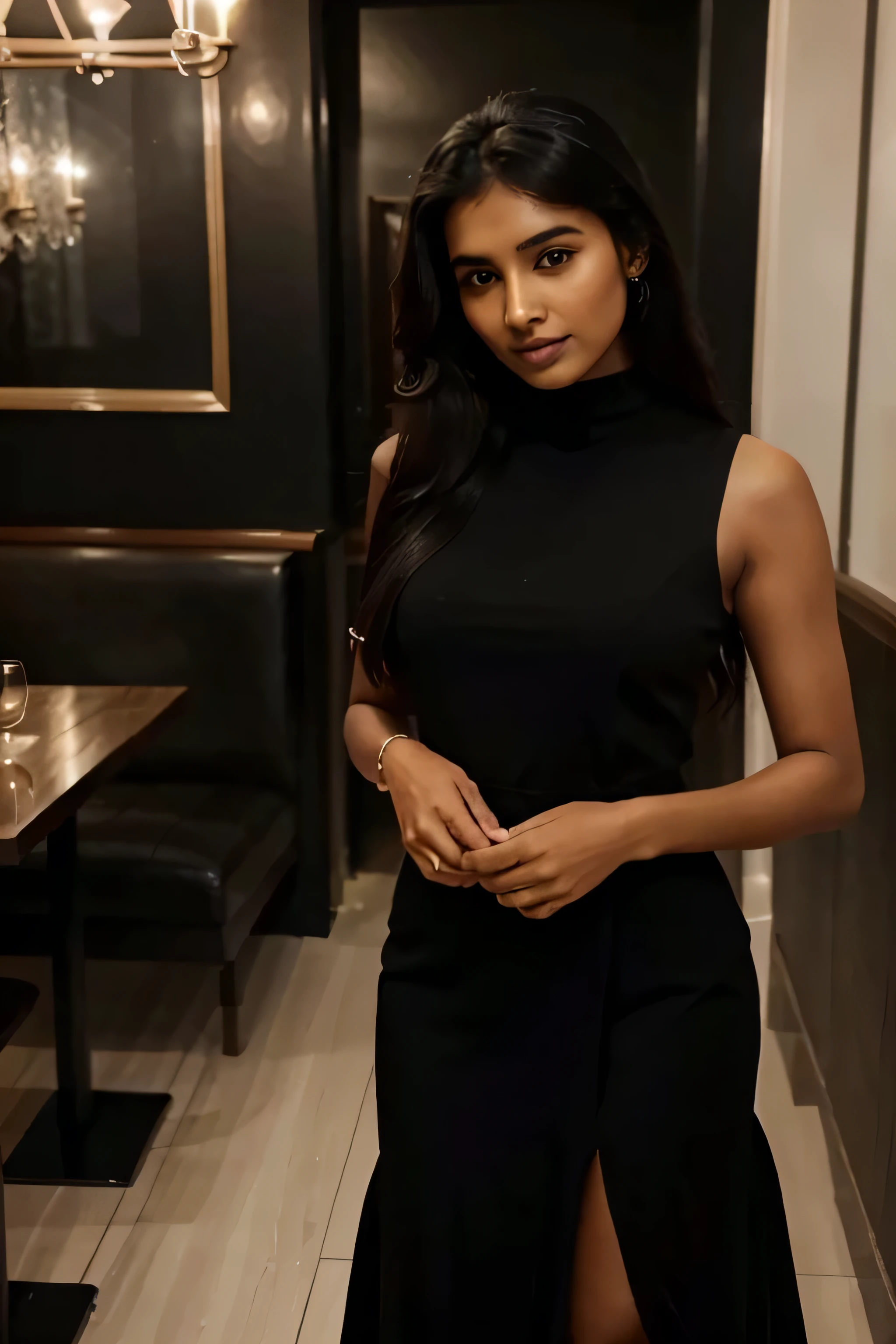 25 year old Indian girl in a black dress posing for a picture in a restaurant, a picture by Emma Andijewska, tumblr, realism, black dress, she is wearing a black dress, black gown, wearing an elegant dress, wearing black dress, wearing a black dress, standing in a restaurant, stunning elegant pose, black outfit, doing an elegant pose