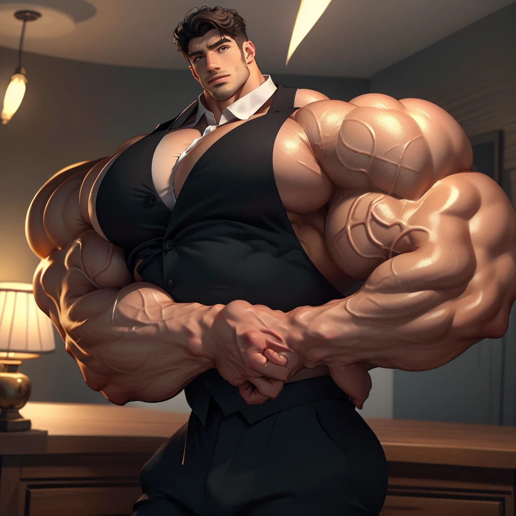 best quality,masterpiece,1boy, men,A handsome,mature man. Looking at viewer, model shot. Brutalmass, giant, muscular physique, bulk. His features are well-proportioned and symmetrical,giving him a classic and handsome appearance. He is dressed in a stylish and sophisticated outfit,comprising a tailored suit jacket,crisp white shirt,and sleek black pants. Overall,the man exudes charisma,charm,and an air of sophistication and refinement.,Gothic,skyscraper,wood,