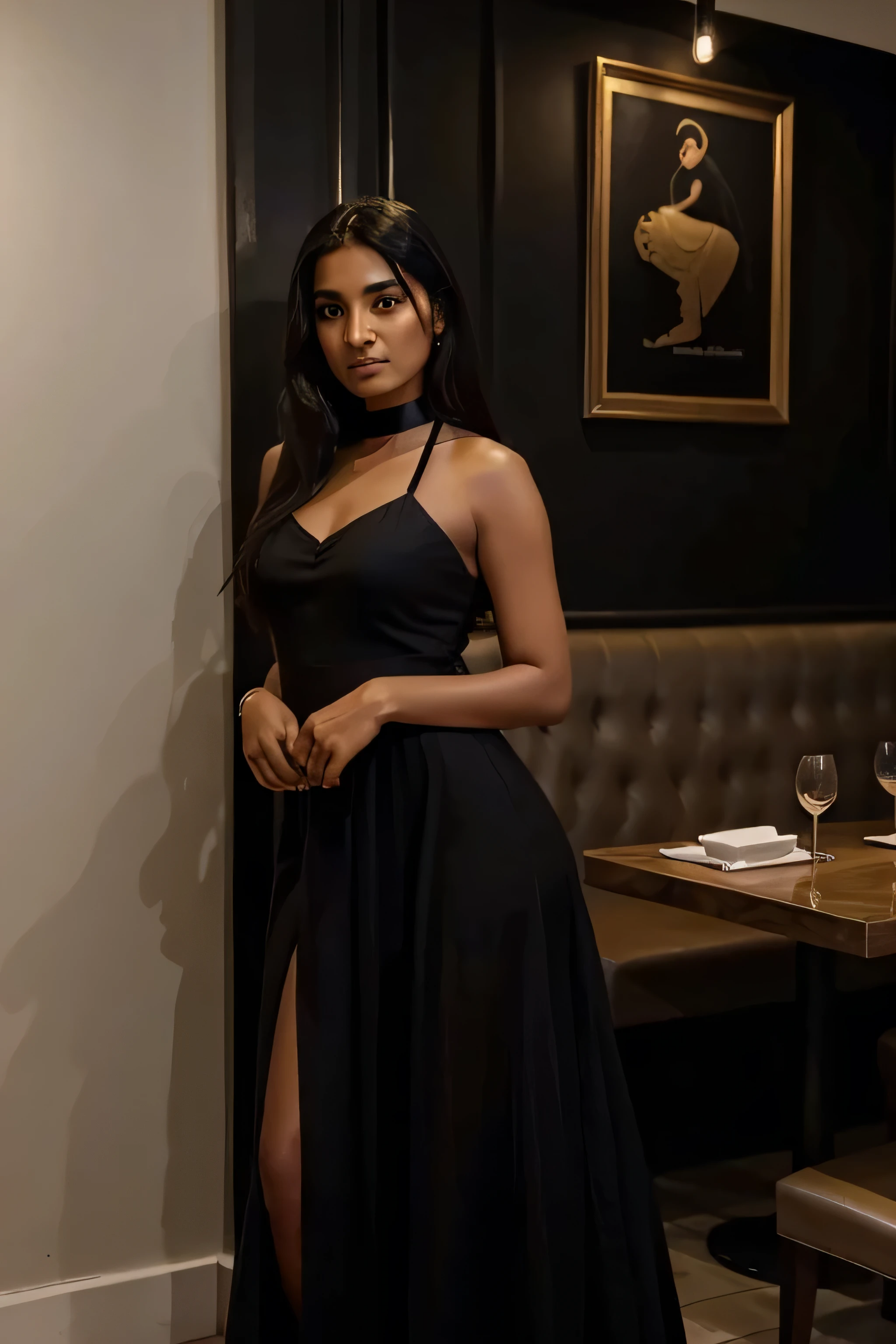 25 year old Indian girl in a black dress posing for a picture in a restaurant, a picture by Emma Andijewska, tumblr, realism, black dress, she is wearing a black dress, black gown, wearing an elegant dress, wearing black dress, wearing a black dress, standing in a restaurant, stunning elegant pose, black outfit, doing an elegant pose