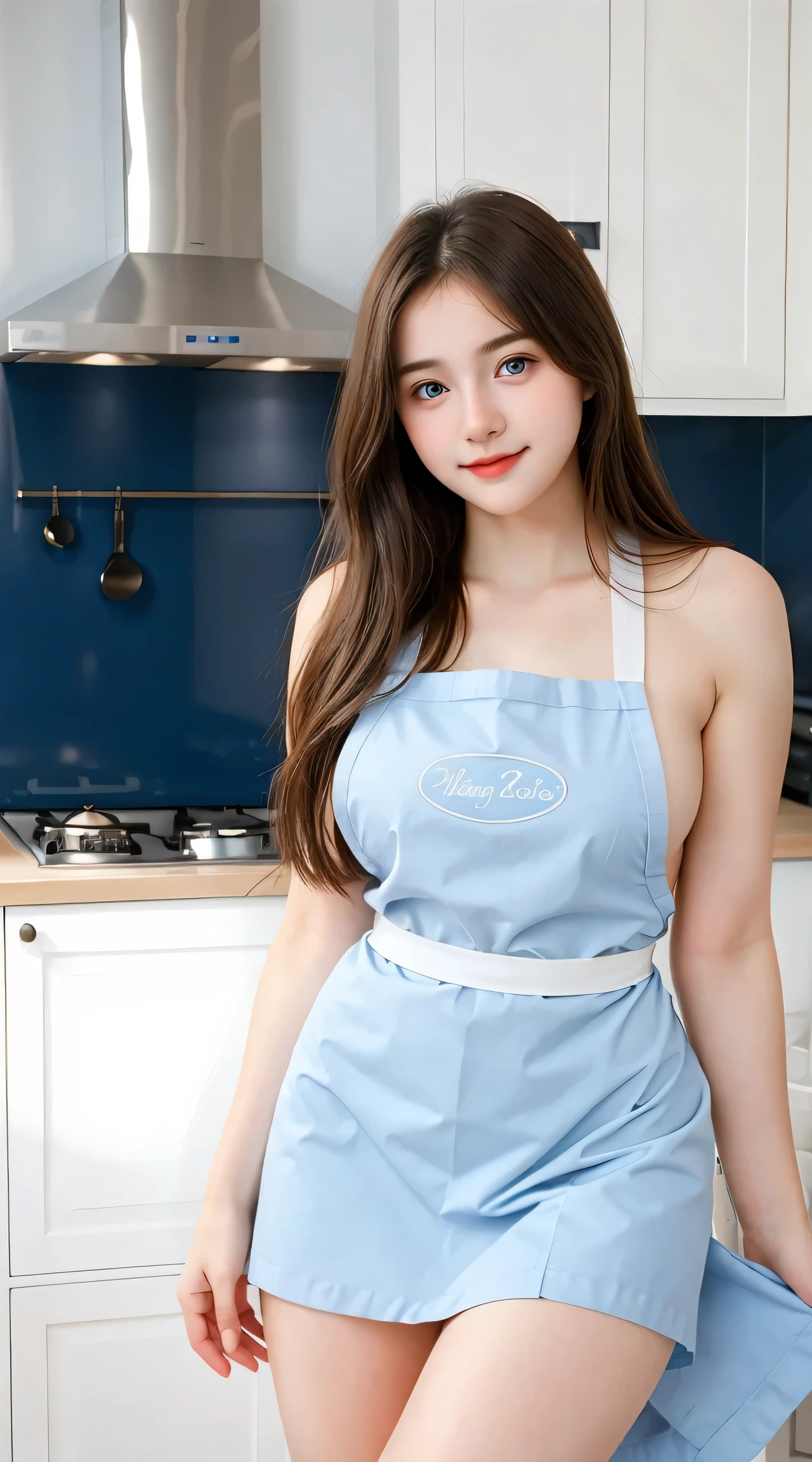 Gorgeus Girl, Beautiful, Baby Face, 20 Years Old, White Skin, Sexy Pose, naked apron, Blue Eye, Bokeh, kitchen Background, Masterpiece, Fullbody Shot,